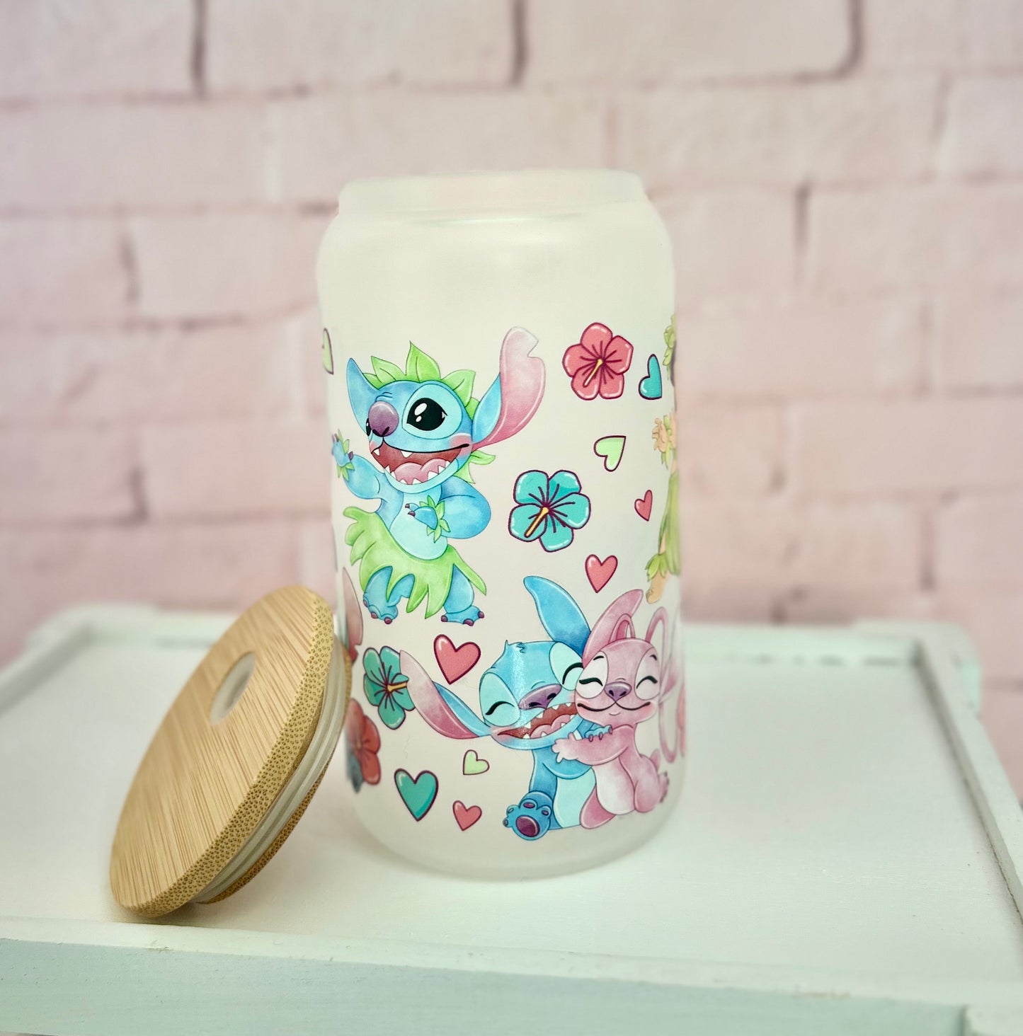 Libbey Glass, Beer Can Style Drinking Glass - Lilo & Stitch