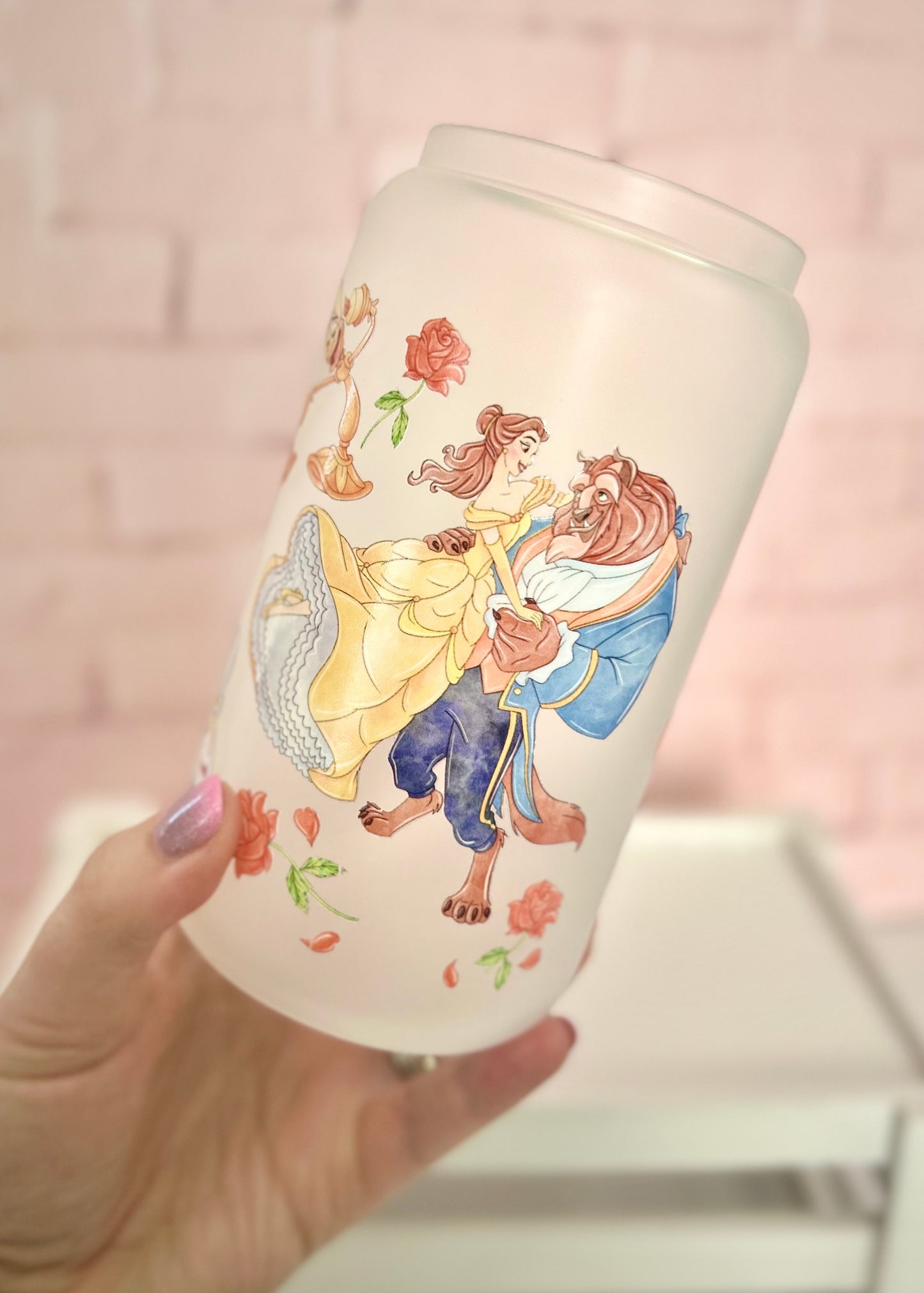 Beauty and the Beast - Libbey Glass, Beer Can Style Drinking Glass or Acrylic Tumbler