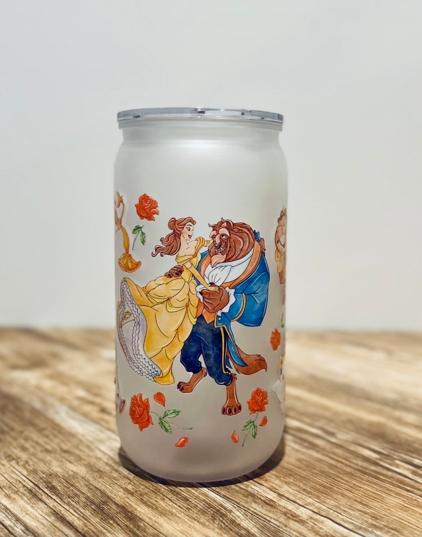 Beauty and the Beast - Libbey Glass, Beer Can Style Drinking Glass or Acrylic Tumbler