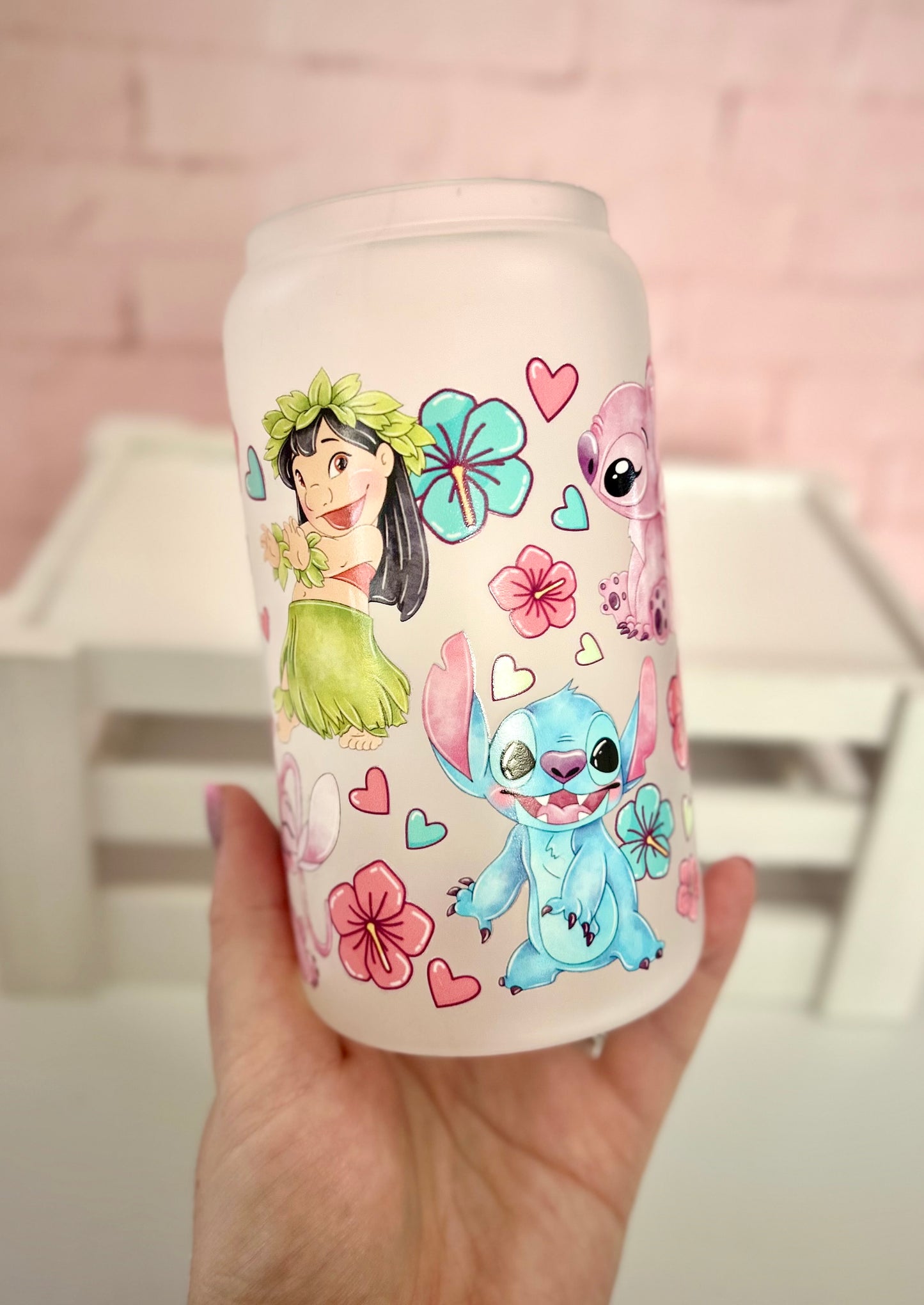 Libbey Glass, Beer Can Style Drinking Glass - Lilo & Stitch